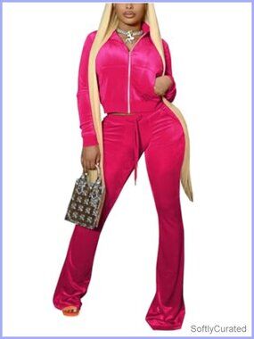 Velour Zip Up Crop Jacket and Bell Bottoms Pants Tracksuit Set Women